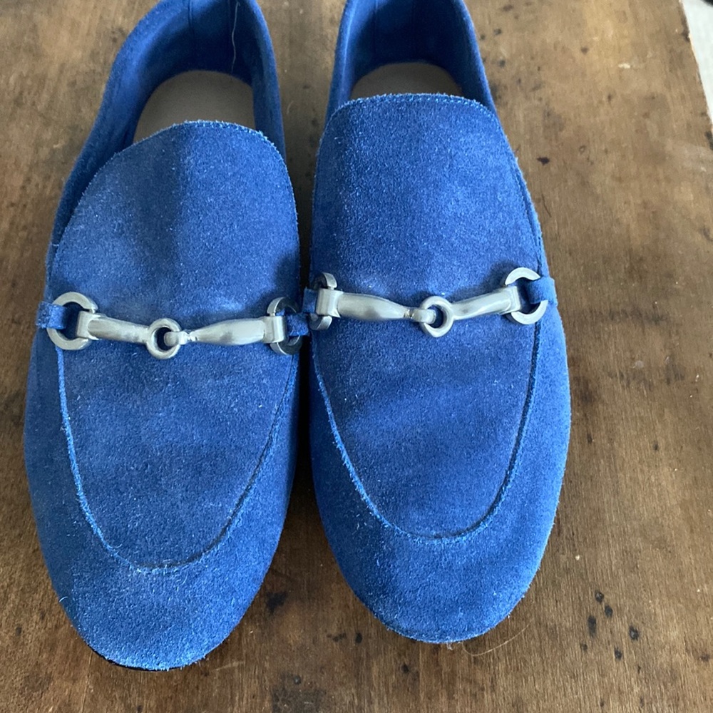 Women’s Blue Suede Flats/ Loafers with Silver Metal Detail